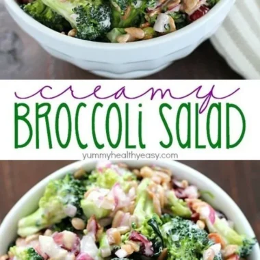 Creamy broccoli salad served in a bowl with fresh ingredients