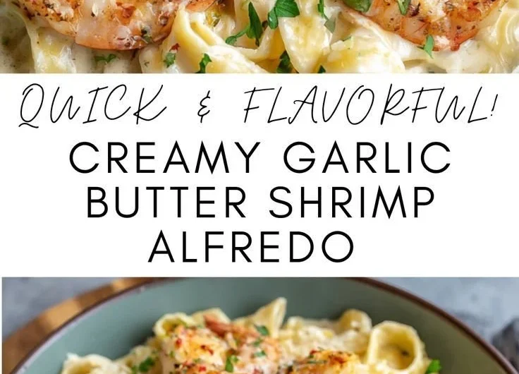 Creamy garlic butter shrimp alfredo served in a bowl with fresh herbs