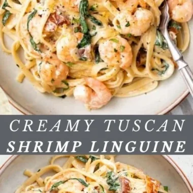 Creamy Tuscan shrimp linguine topped with fresh herbs and parmesan cheese.