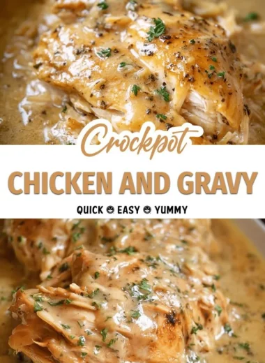 Easy crockpot chicken served with creamy gravy on a plate