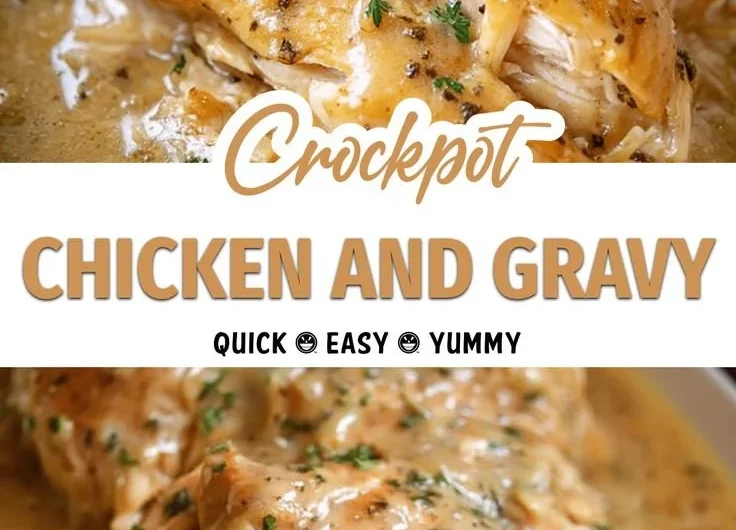 Easy crockpot chicken served with creamy gravy on a plate