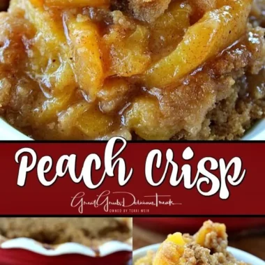 Delicious homemade Peach Crisp with golden oats and fresh peaches