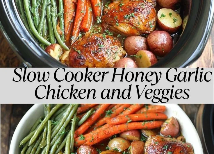 Slow Cooker Honey Garlic Chicken with fresh vegetables in a flavorful sauce