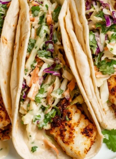 Delicious air fryer fish tacos with fresh toppings in a serving dish