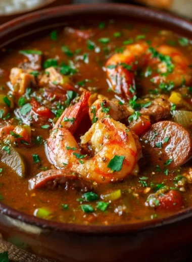 Bowl of authentic Cajun Gumbo with spices, vegetables, and seafood.