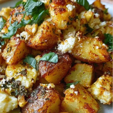 Baked feta potatoes topped with herbs and spices, served in a casserole dish.