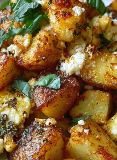 Baked feta potatoes topped with herbs and spices, served in a casserole dish.