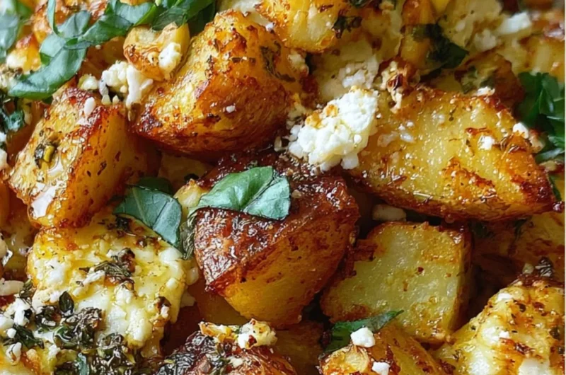 Baked feta potatoes topped with herbs and spices, served in a casserole dish.