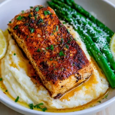 Baked Lemon Garlic Butter Salmon on a plate garnished with herbs