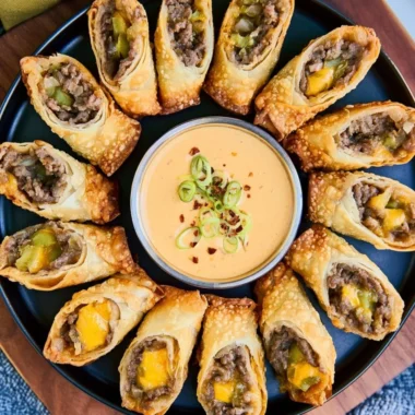 Delicious cheeseburger egg rolls served on a plate with dipping sauce.