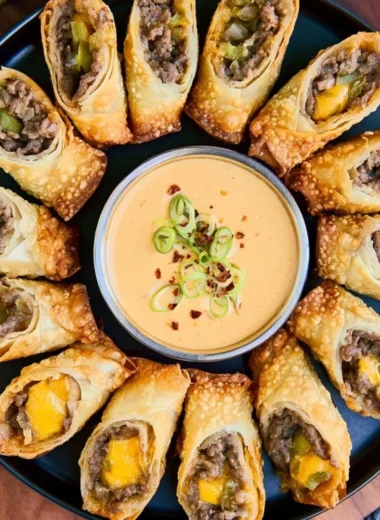 Delicious cheeseburger egg rolls served on a plate with dipping sauce.