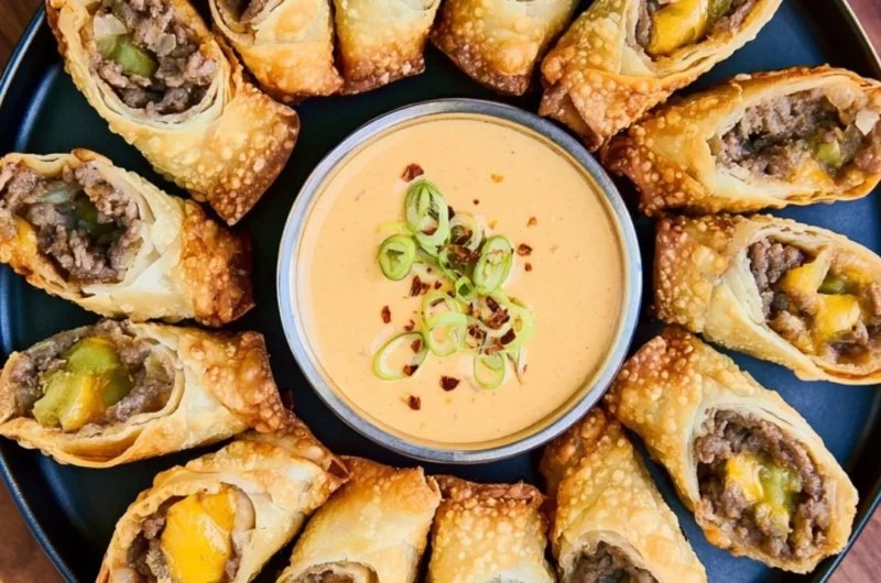 Delicious cheeseburger egg rolls served on a plate with dipping sauce.
