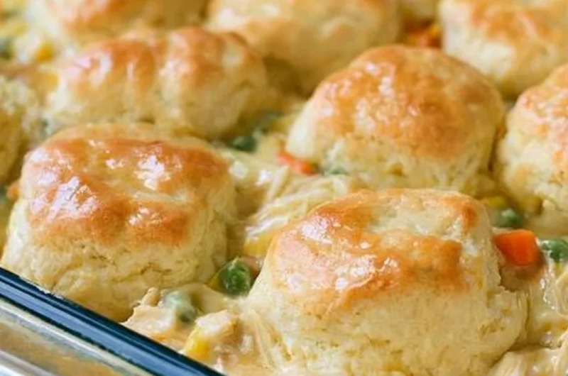 Delicious Chicken Pot Pie with Biscuits served hot in a rustic dish.