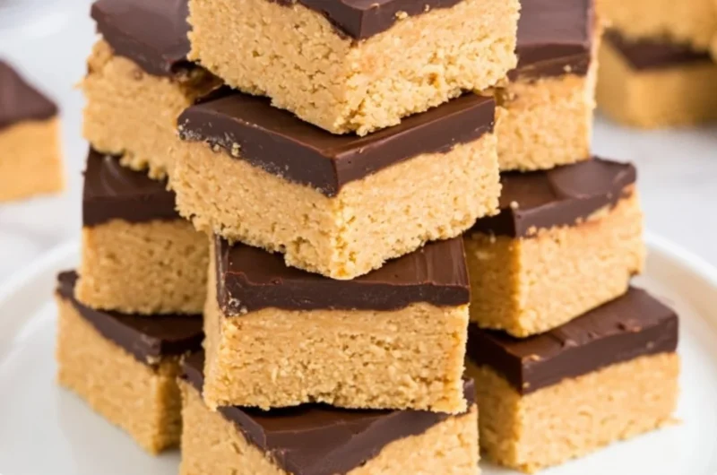Delicious homemade Chocolate Peanut Butter Squares served on a plate