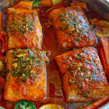 Plate of Classic Spicy Moroccan Fish in rich sauce, garnished with herbs