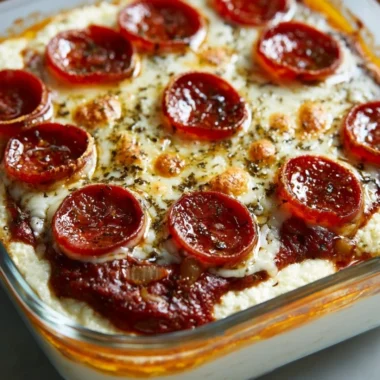 Cottage cheese pizza bowl topped with fresh vegetables and herbs