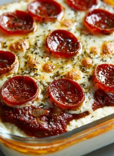 Cottage cheese pizza bowl topped with fresh vegetables and herbs