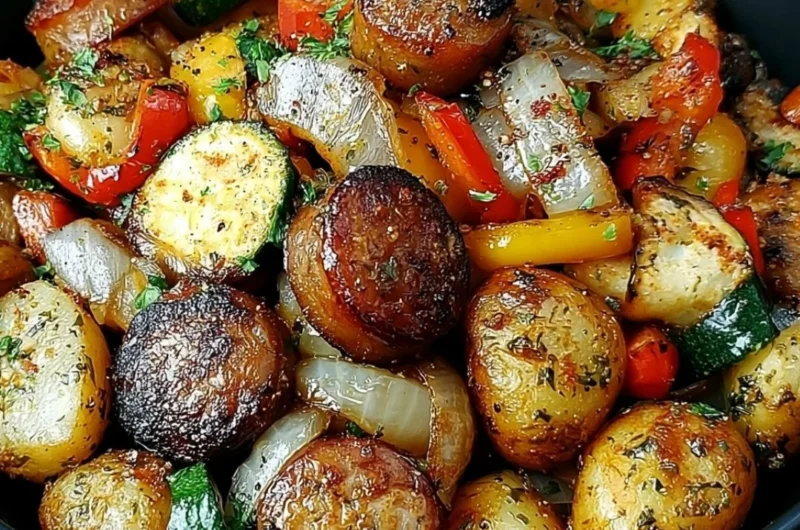 Hearty Cowboy Stir Fry with beef and vegetables in a skillet