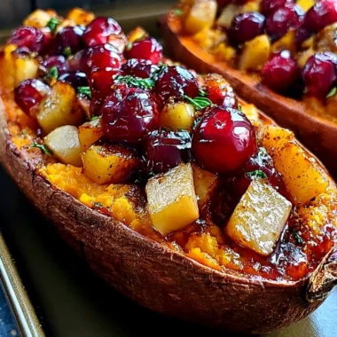 Cranberry apple twice-baked sweet potatoes on a plate garnished with herbs.