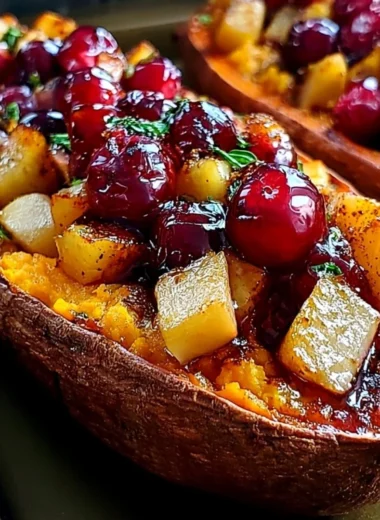 Cranberry apple twice-baked sweet potatoes on a plate garnished with herbs.