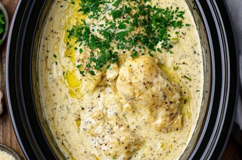 Crock Pot Angel Chicken served with herbs and sides