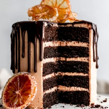 Delicious dark chocolate blood orange cake with vibrant citrus glaze