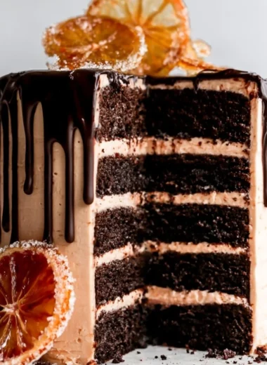Delicious dark chocolate blood orange cake with vibrant citrus glaze