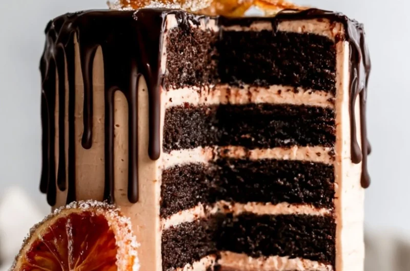 Delicious dark chocolate blood orange cake with vibrant citrus glaze