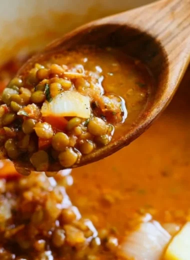 Bowl of easy lentil potato soup with fresh herbs and bread on the side