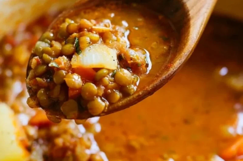 Bowl of easy lentil potato soup with fresh herbs and bread on the side