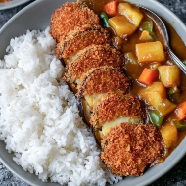 Delicious Eggplant Katsu served with dipping sauce on a plate