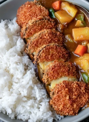 Delicious Eggplant Katsu served with dipping sauce on a plate