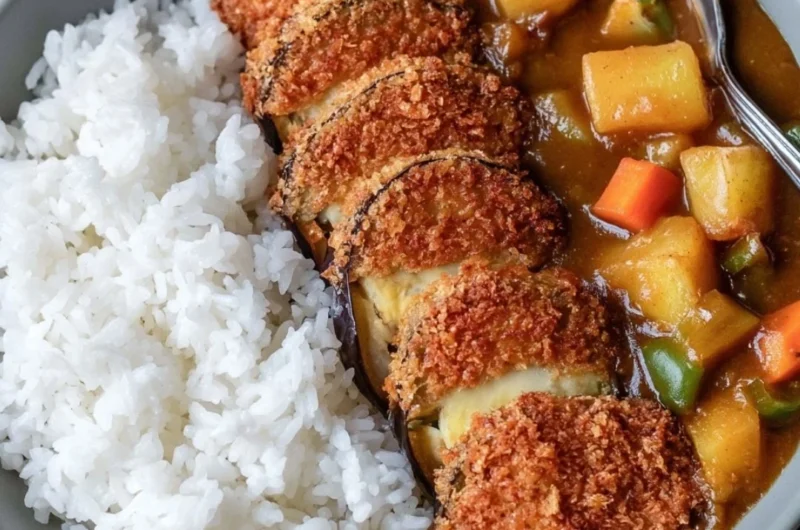 Delicious Eggplant Katsu served with dipping sauce on a plate