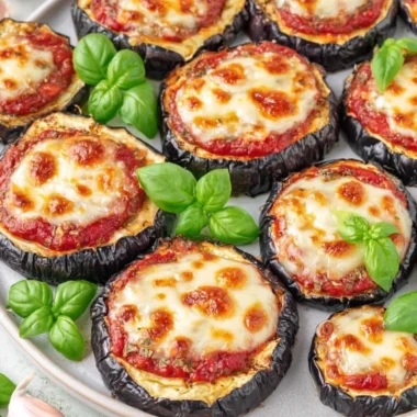 Delicious homemade eggplant pizza with fresh toppings and melted cheese.