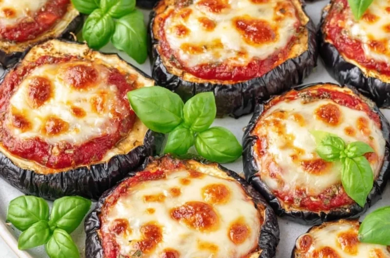 Delicious homemade eggplant pizza with fresh toppings and melted cheese.