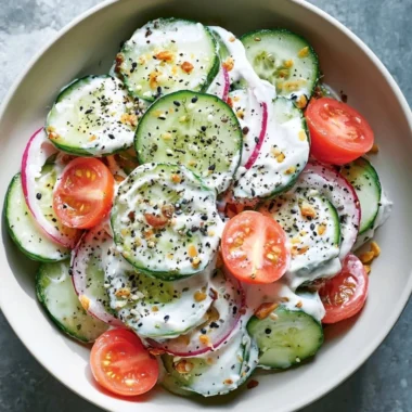 Fresh cucumber salad topped with everything bagel seasoning in a bowl.
