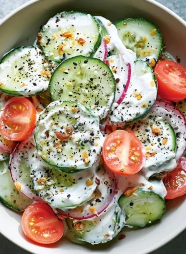 Fresh cucumber salad topped with everything bagel seasoning in a bowl.