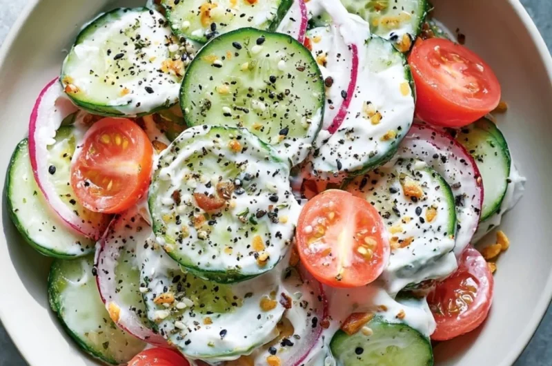 Fresh cucumber salad topped with everything bagel seasoning in a bowl.