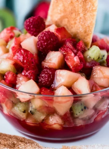 Fresh fruit salsa served with crispy cinnamon sugar tortilla chips