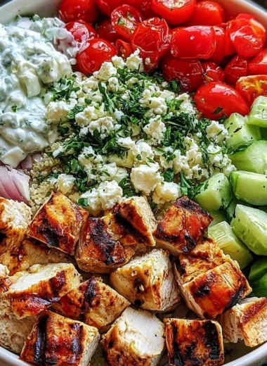 Healthy Greek Chicken Bowl with fresh vegetables and feta cheese