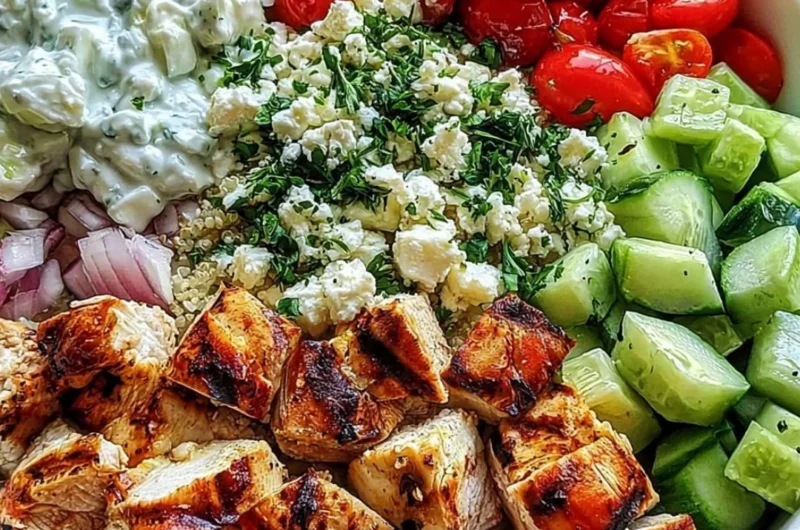 Healthy Greek Chicken Bowl with fresh vegetables and feta cheese