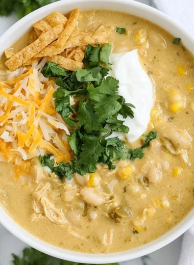 Hearty bowl of Green Chile Chicken Enchilada Soup topped with cheese and cilantro.