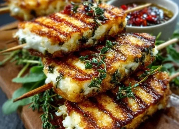 Grilled halloumi skewers with lemon and thyme on a serving platter