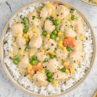 High protein crustless chicken pot pie with vegetables and chicken in a serving dish