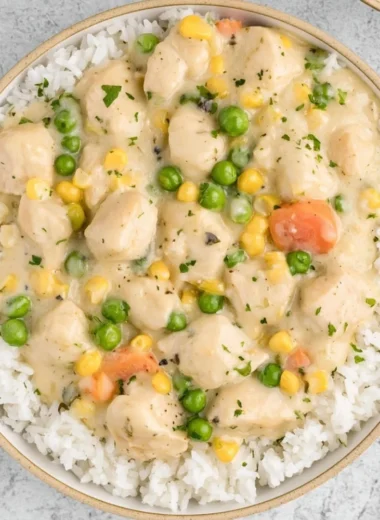 High protein crustless chicken pot pie with vegetables and chicken in a serving dish