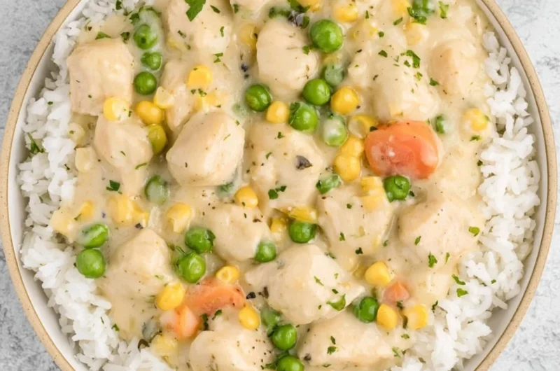 High protein crustless chicken pot pie with vegetables and chicken in a serving dish