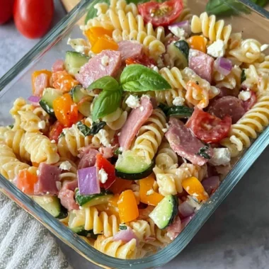 High-protein Italian pasta salad with fresh vegetables and dressing