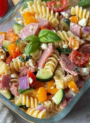 High-protein Italian pasta salad with fresh vegetables and dressing