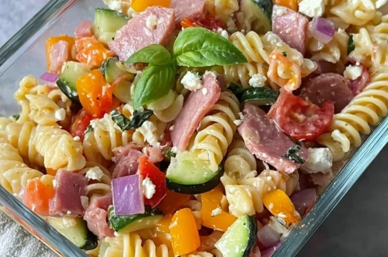 High-protein Italian pasta salad with fresh vegetables and dressing