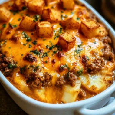 A hearty serving of Hobo Casserole topped with cheese and fresh parsley